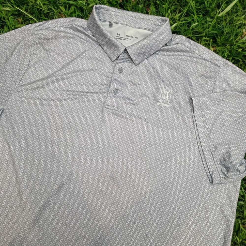 TPC Sawgrass Under Armour Golf Polo Shirt Mens 2XL Gray All Over‎ Print
